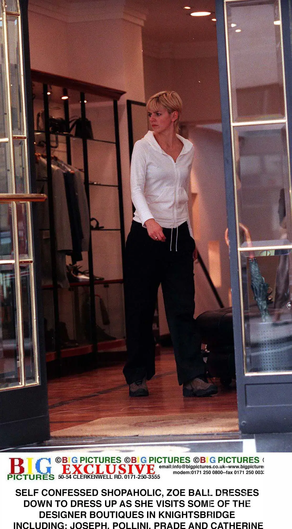 Zoe Ball visits designer boutiques in Knightsbridge, dressed casually in a white hooded top and black trousers.