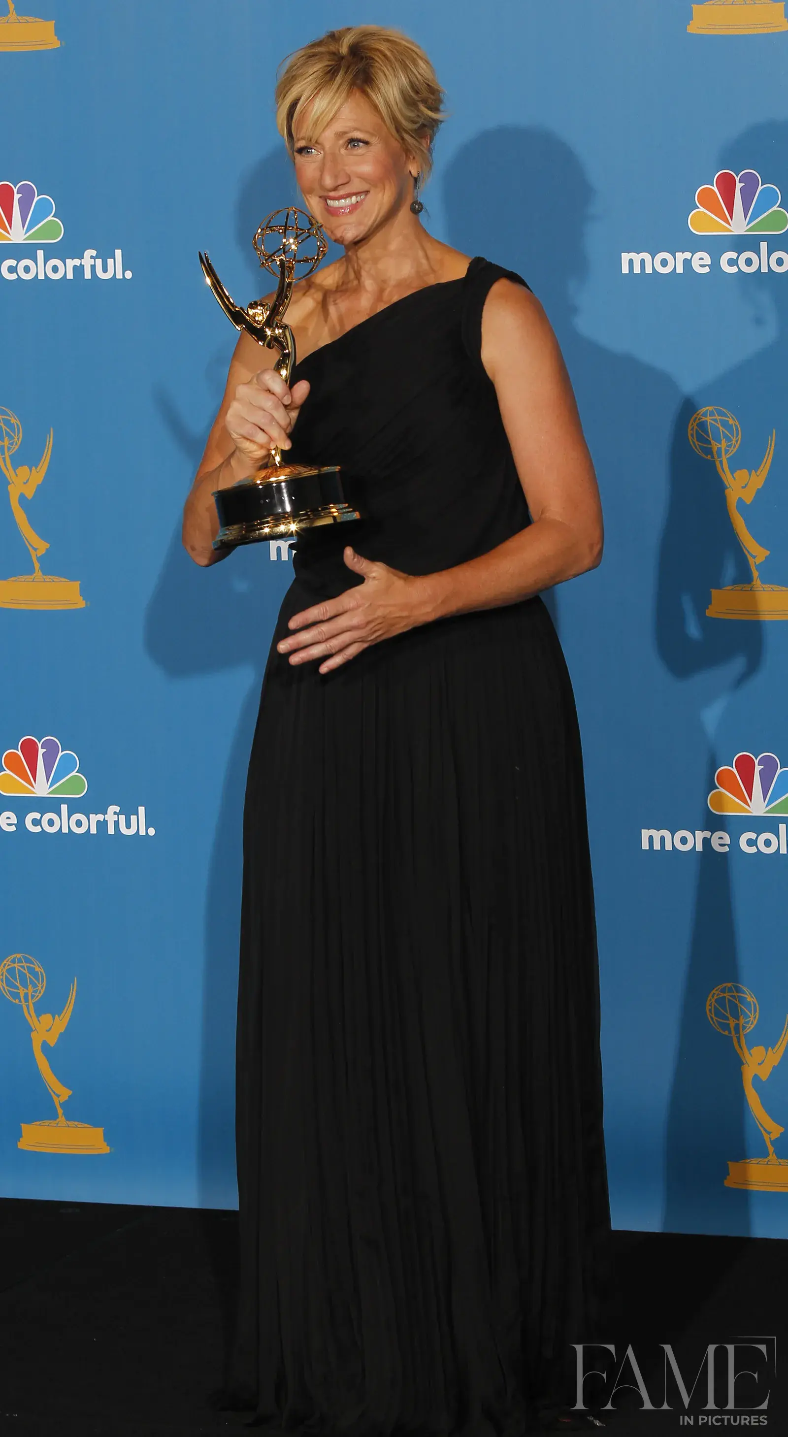 Edie Falco holds her Emmy Award for Outstanding Lead Actress in a Comedy Series at the 62nd Primetime Emmy Awards in Los Angeles.