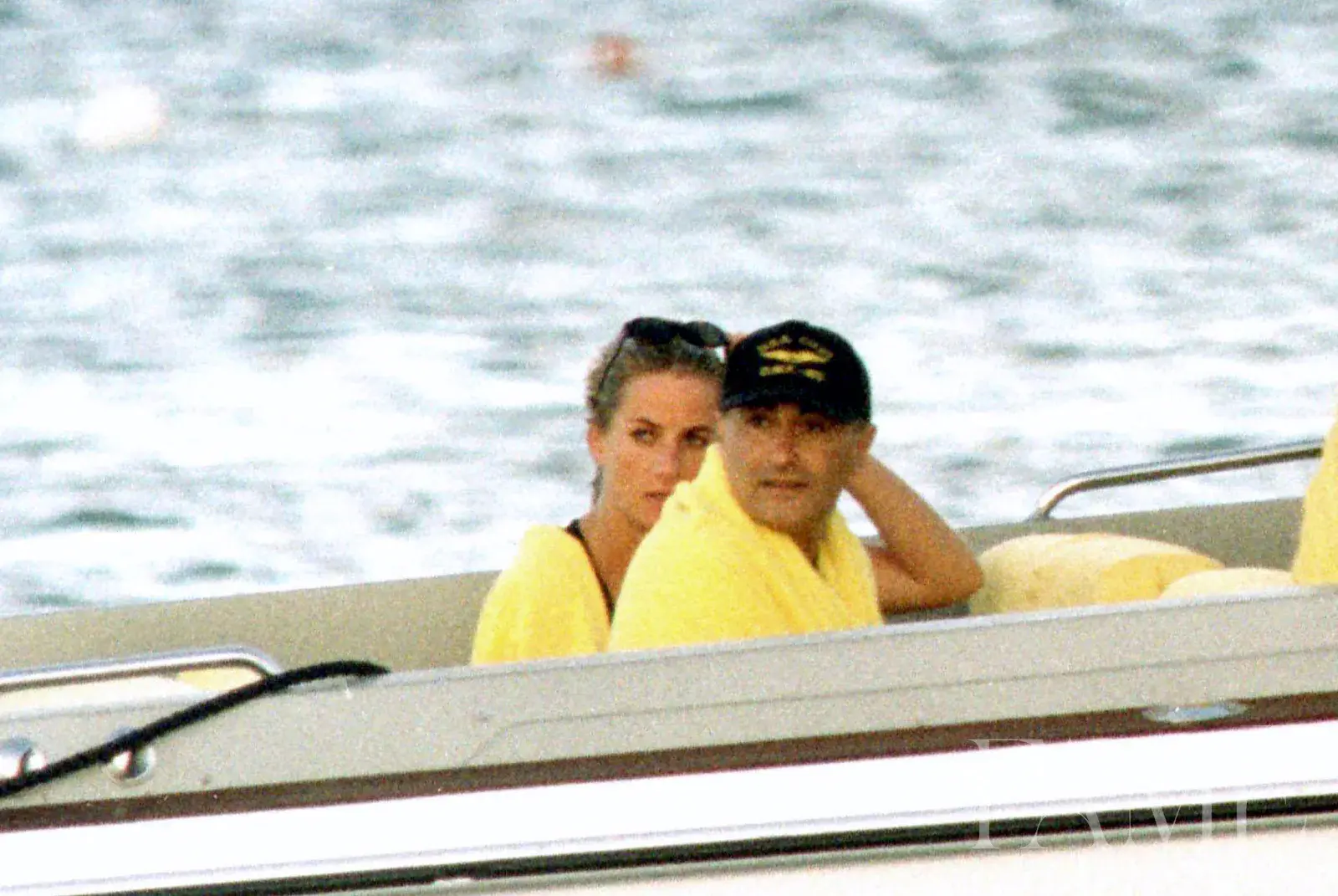 Princess Diana and Dodi Al Fayed at sea near Sardinia in August 1997