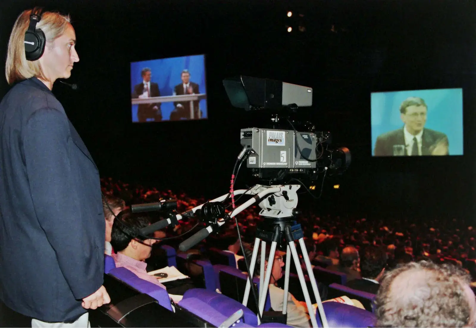 Television camera and auditorium view at Bill Gates' Paris internet seminar in 1998