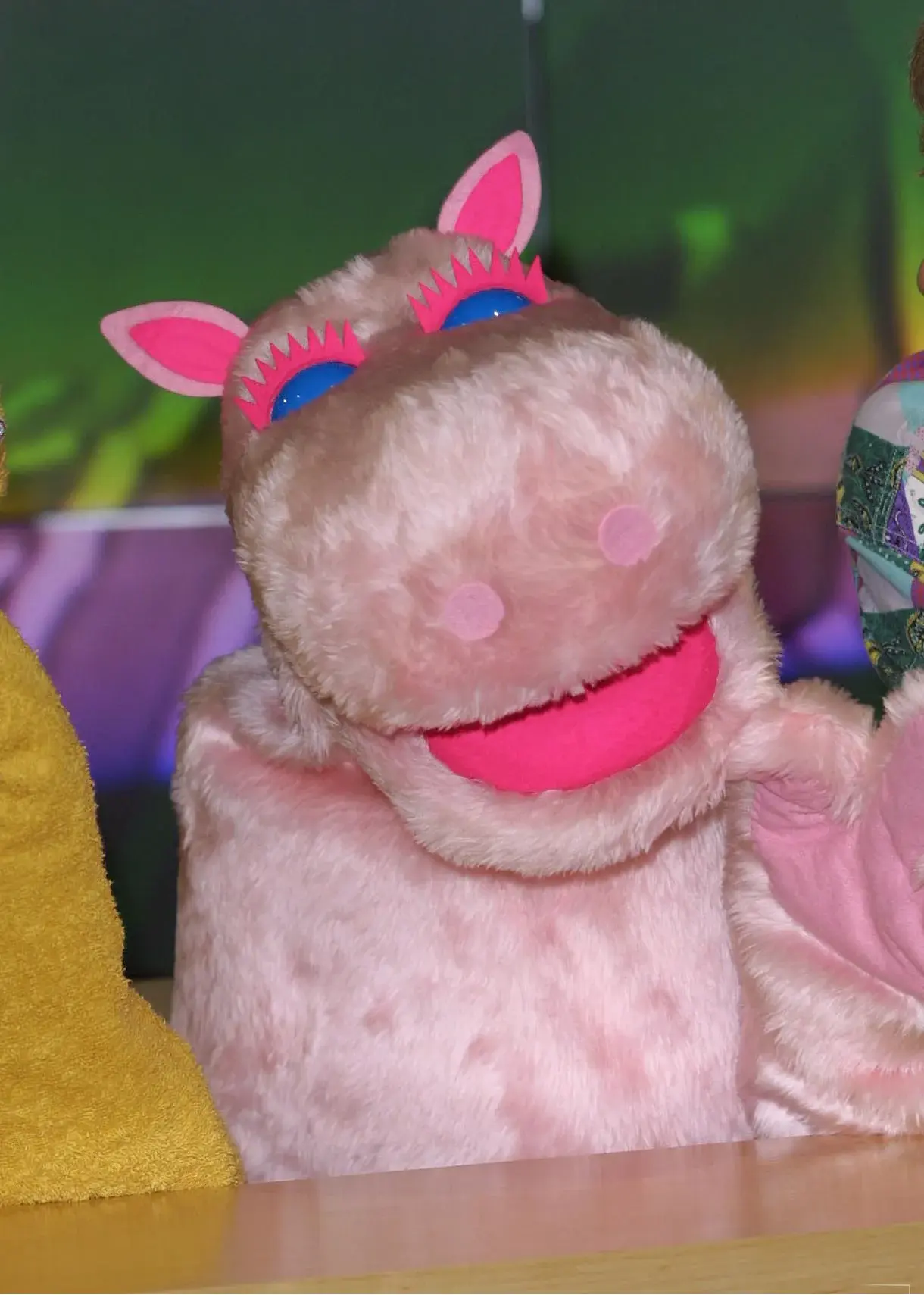 Rainbow character George, a pink hippo, at the HMV launch